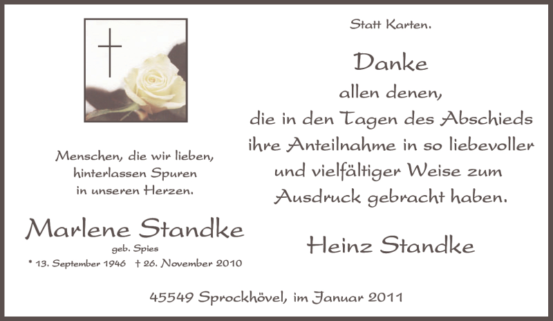  Traueranzeige für Marlene Standke vom 08.01.2011 aus Tageszeitung