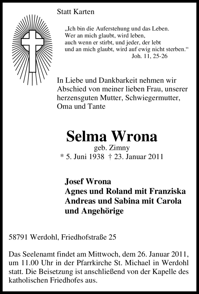 Traueranzeige für Selma Wrona vom 25.01.2011 aus Tageszeitung