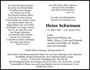 Traueranzeige von Heinz Schwinum von Tageszeitung