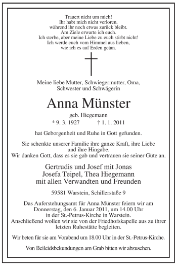Traueranzeige von Anna Münster von Tageszeitung