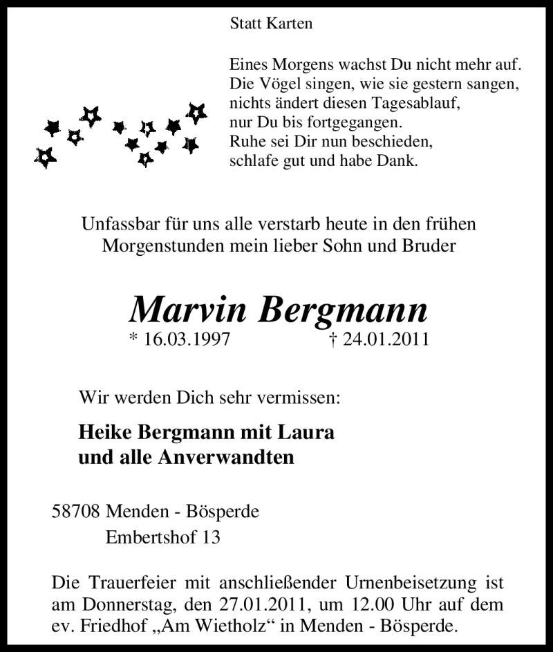  Traueranzeige für Marvin Bergmann vom 25.01.2011 aus Tageszeitung