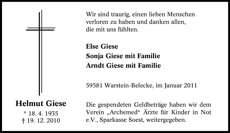  Traueranzeige für Helmut Giese vom 22.01.2011 aus Tageszeitung