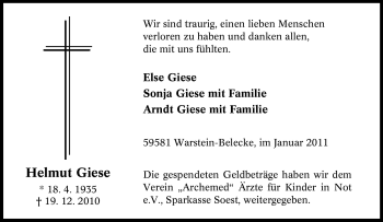 Traueranzeige von Helmut Giese von Tageszeitung