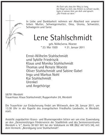 Traueranzeige von Lene Stahlschmidt von Tageszeitung