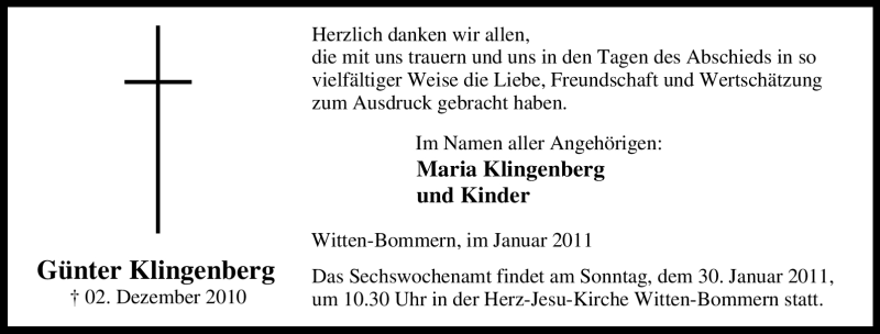  Traueranzeige für Günter Klingenberg vom 08.01.2011 aus Tageszeitung