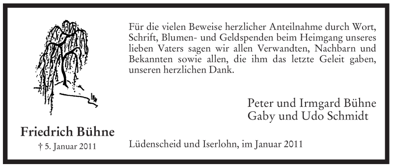  Traueranzeige für Friedrich Bühne vom 29.01.2011 aus Tageszeitung