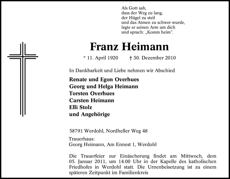  Traueranzeige für Franz Heimann vom 03.01.2011 aus Tageszeitung