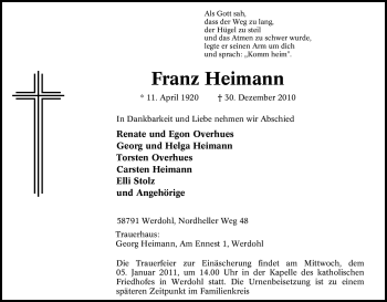 Traueranzeige von Franz Heimann von Tageszeitung