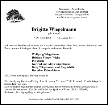 Traueranzeige von Brigitte Wiegelmann von Tageszeitung
