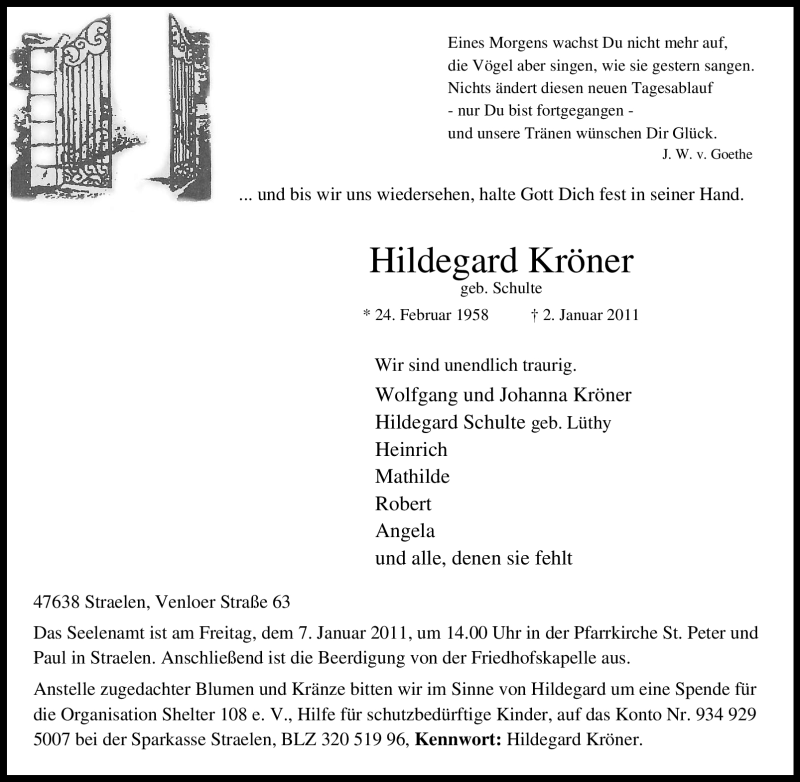  Traueranzeige für Hildegard Kröner vom 05.01.2011 aus Tageszeitung