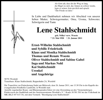Traueranzeige von Lene Stahlschmidt von Tageszeitung