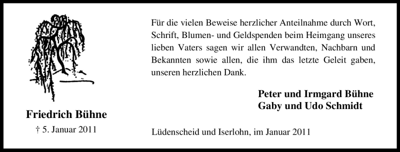  Traueranzeige für Friedrich Bühne vom 29.01.2011 aus Tageszeitung