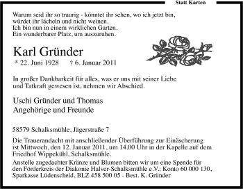 Traueranzeige von Karl Gründer von Tageszeitung