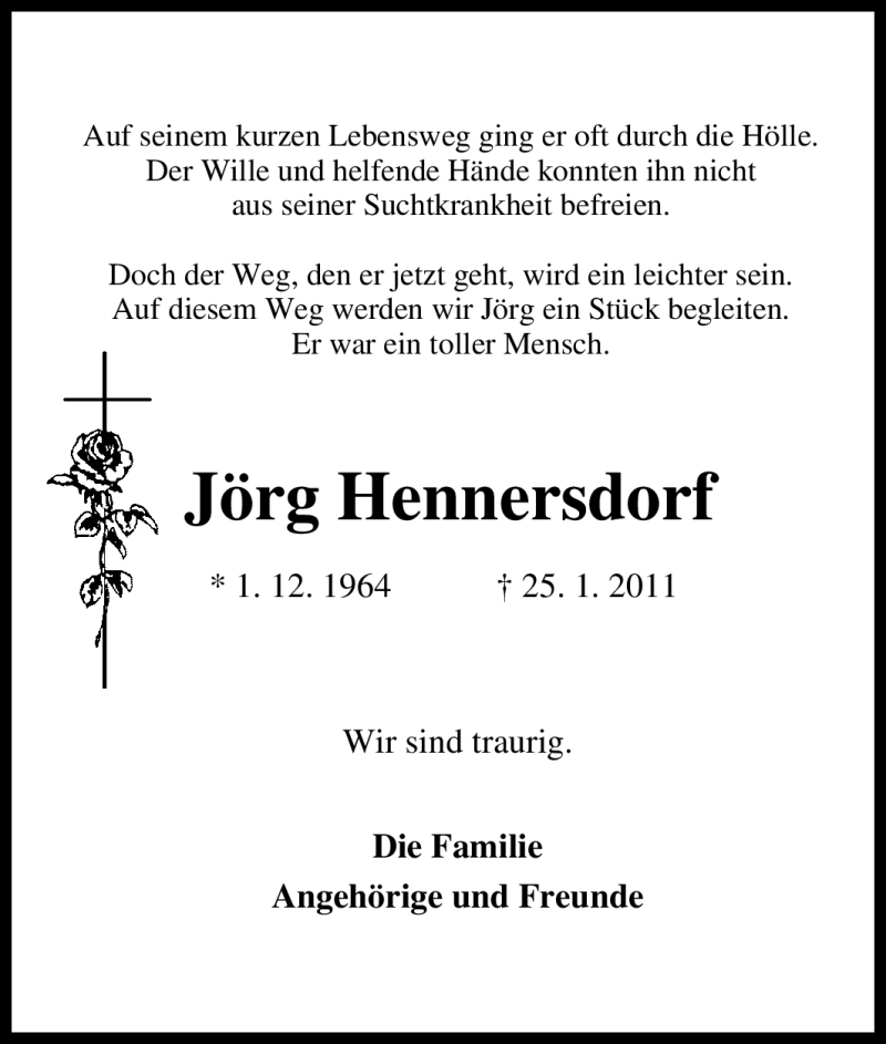  Traueranzeige für Jörg Hennersdorf vom 27.01.2011 aus Tageszeitung