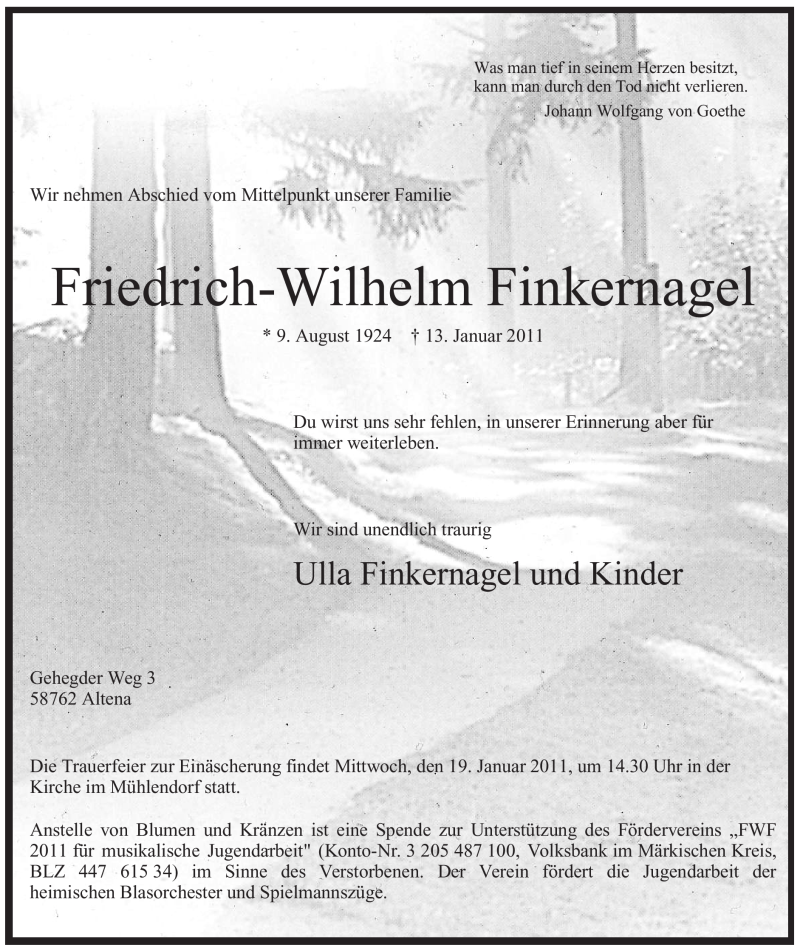  Traueranzeige für Friedrich-Wilhelm Finkernagel vom 15.01.2011 aus Tageszeitung