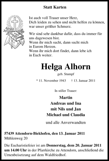 Traueranzeige von Helga Alhorn von Tageszeitung