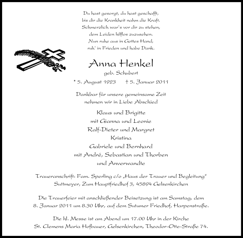  Traueranzeige für Anna Henkel vom 06.01.2011 aus Tageszeitung