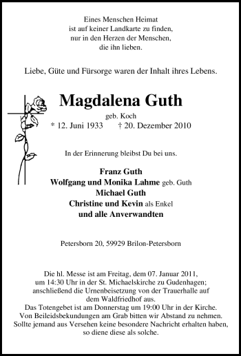 Traueranzeige von Magdalena Guth von Tageszeitung
