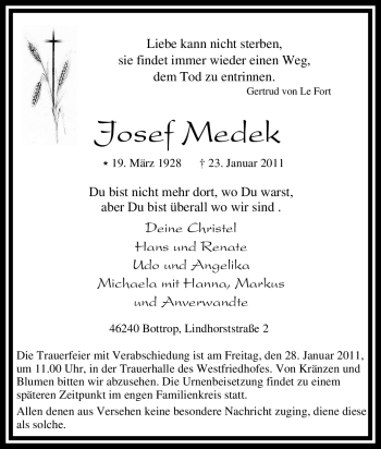 Traueranzeige von Josef Medek von Tageszeitung
