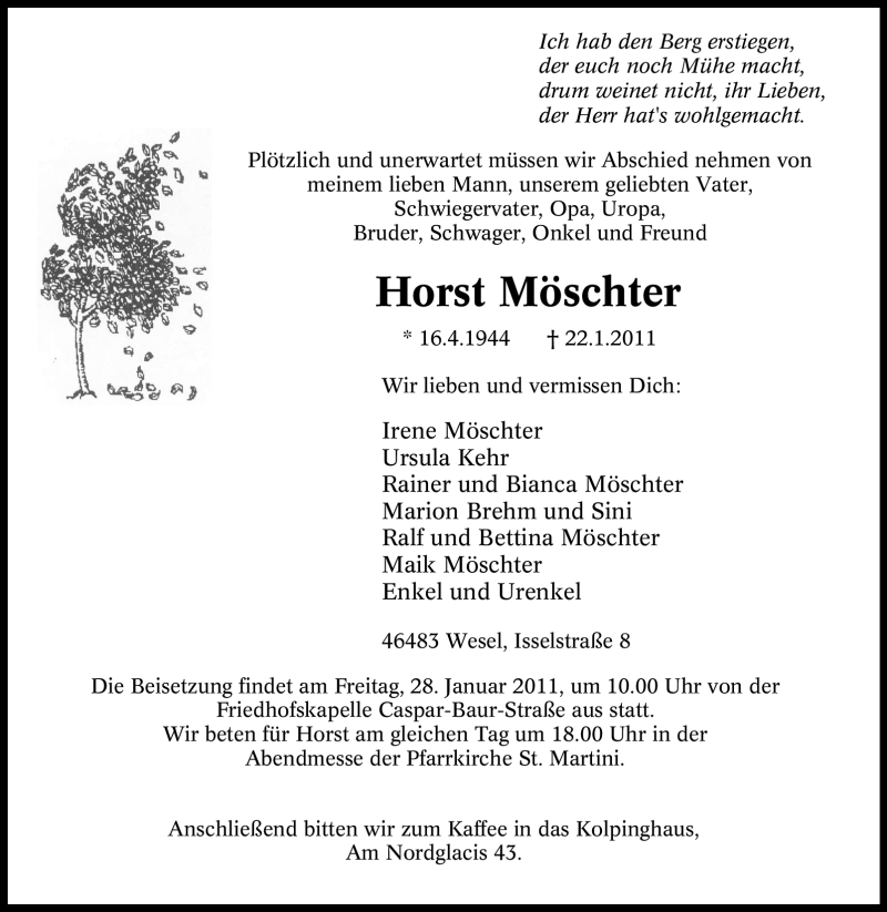  Traueranzeige für Horst Möschter vom 25.01.2011 aus Tageszeitung