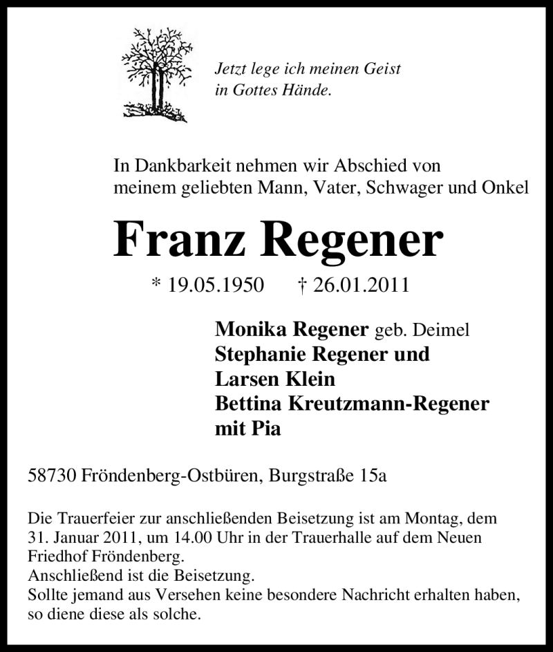  Traueranzeige für Franz Regener vom 28.01.2011 aus Tageszeitung