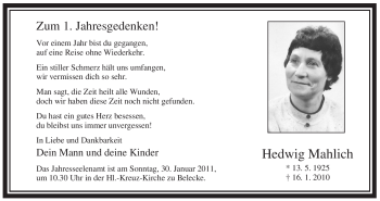 Traueranzeige von Hedwig Mahlich von Tageszeitung