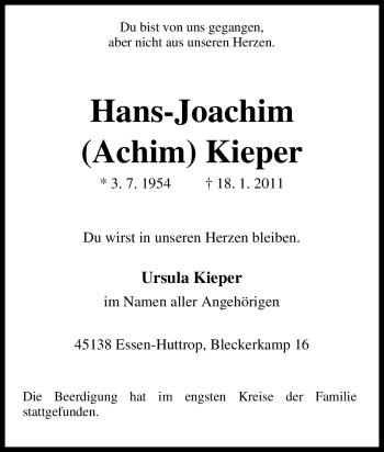 Traueranzeige von Hans-Joachim Kieper von Tageszeitung