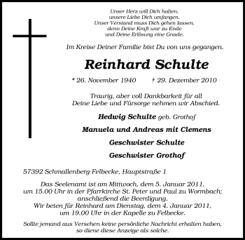 Traueranzeige von Reinhard Schulte von Tageszeitung