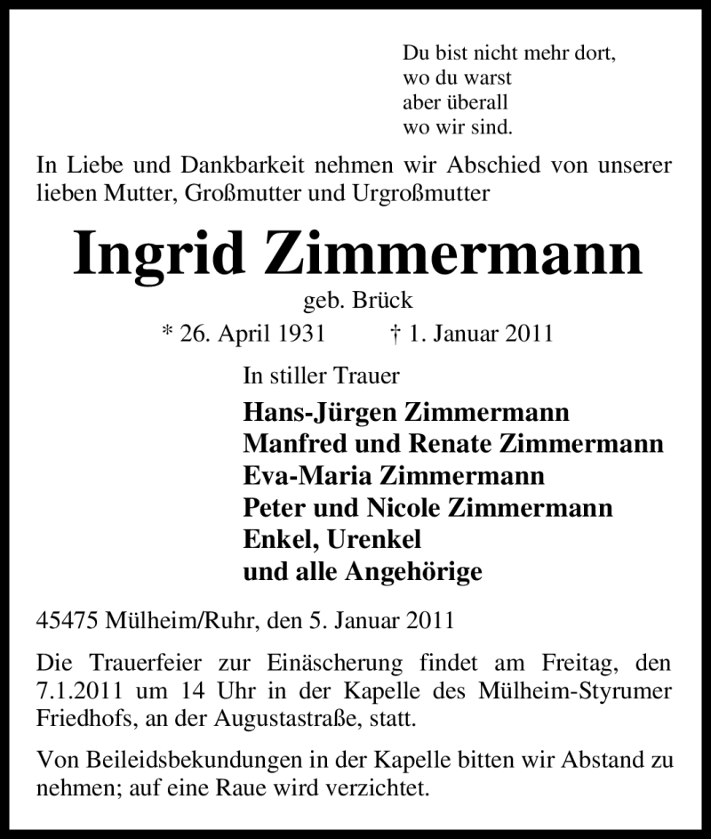 Traueranzeige für Ingrid Zimmermann vom 05.01.2011 aus Tageszeitung