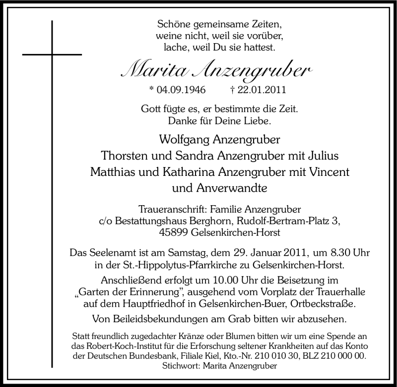  Traueranzeige für Marita Anzengruber vom 26.01.2011 aus Tageszeitung