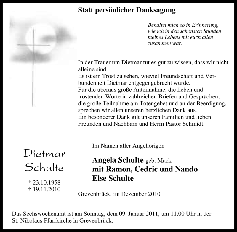  Traueranzeige für Dietmar Schulte vom 05.01.2011 aus Tageszeitung