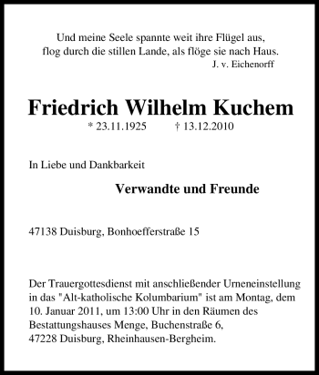 Traueranzeige von Friedrich Wilhelm Kuchem von Tageszeitung