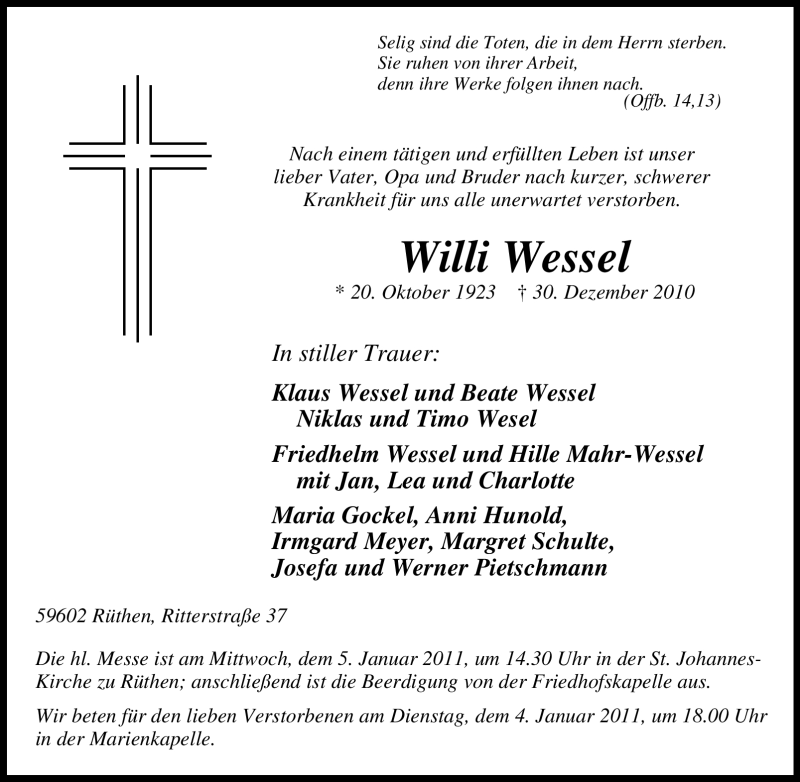  Traueranzeige für Willi Wessel vom 03.01.2011 aus Tageszeitung