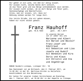 Traueranzeige von Franz Hauhoff von Tageszeitung