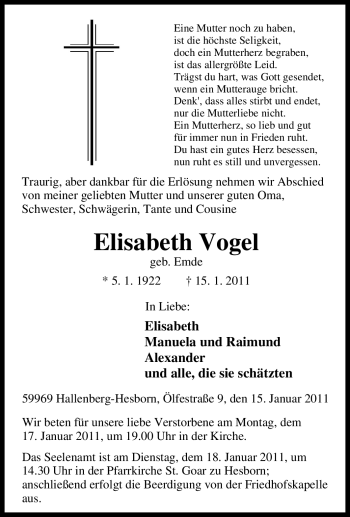 Traueranzeige von Elisabeth Vogel von Tageszeitung
