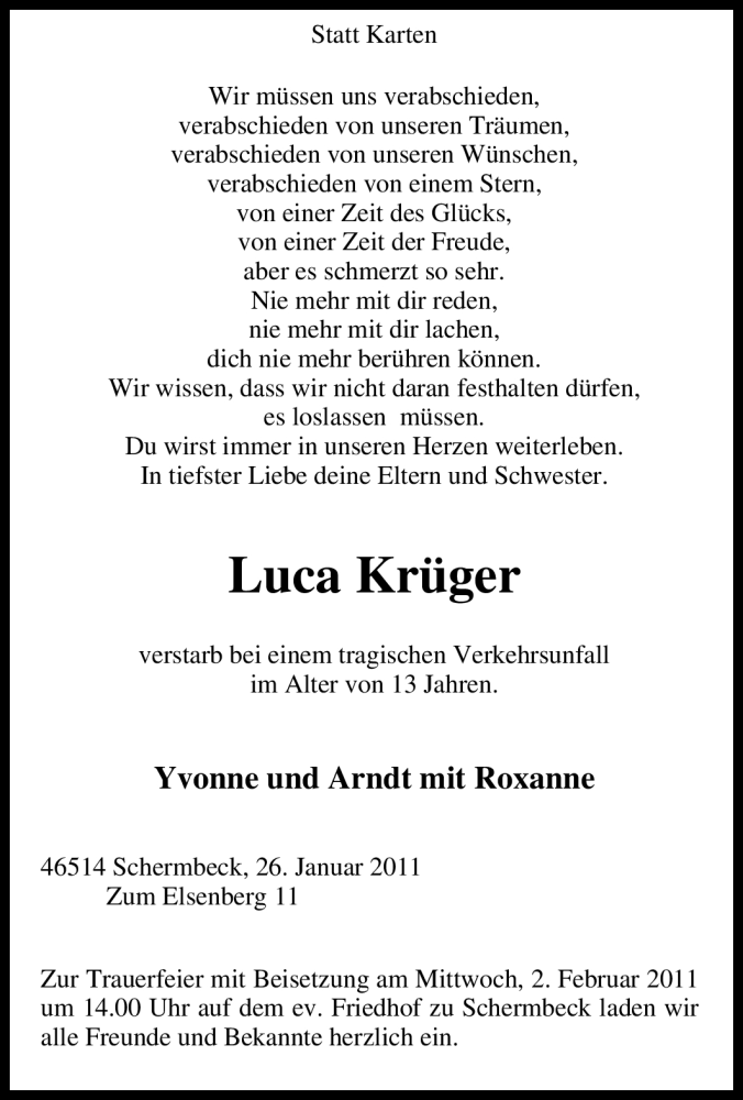  Traueranzeige für Luca Krüger vom 29.01.2011 aus Tageszeitung