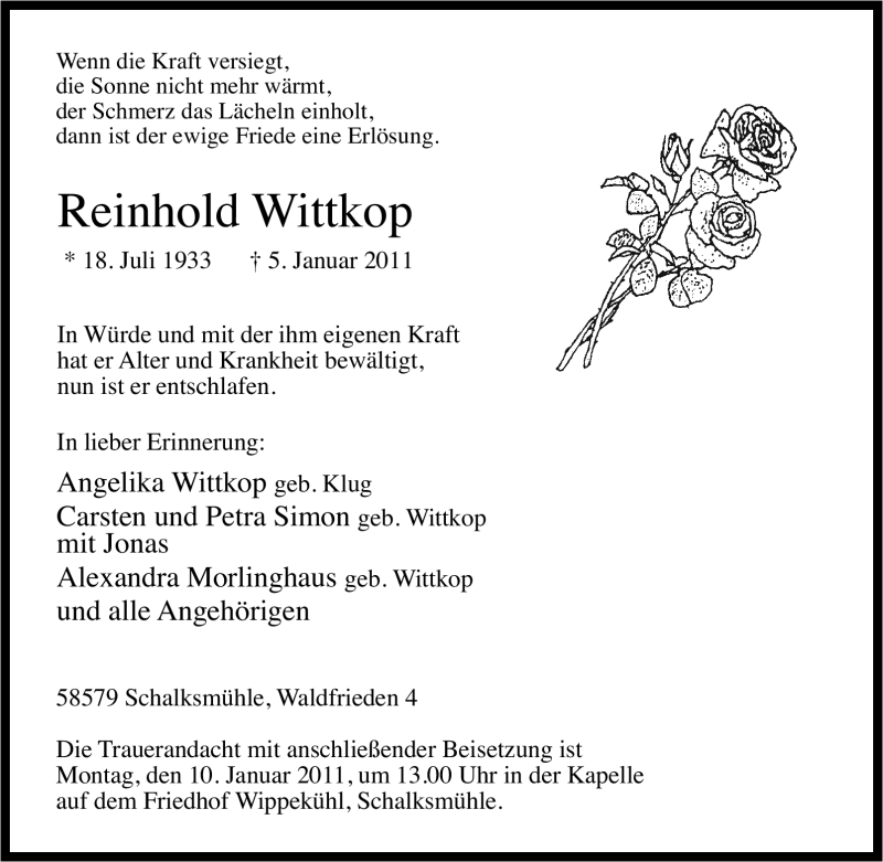  Traueranzeige für Reinhold Wittkop vom 07.01.2011 aus Tageszeitung