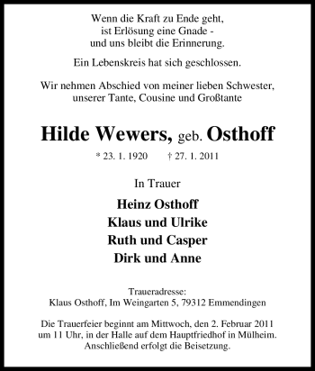 Traueranzeige von Hilde Wewers von Tageszeitung