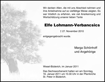 Traueranzeige von Elfe Lohmann-Verbancsics von Tageszeitung