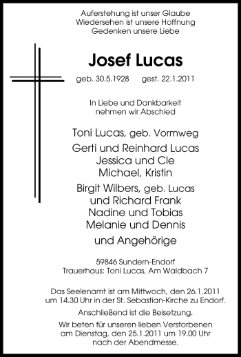 Traueranzeige von Josef Lucas von Tageszeitung