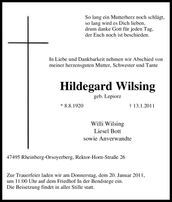 Traueranzeige von Hildegard Wilsing von Tageszeitung