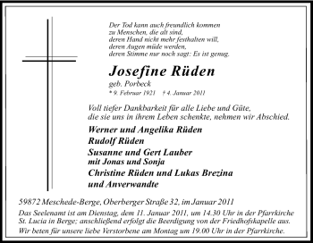 Traueranzeige von Josefine Rüden von Tageszeitung