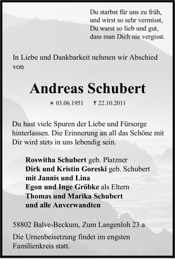 Traueranzeige von Andreas Schubert von Tageszeitung