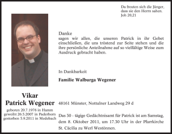 Traueranzeige von Vikar Patrick Wegener von Tageszeitung
