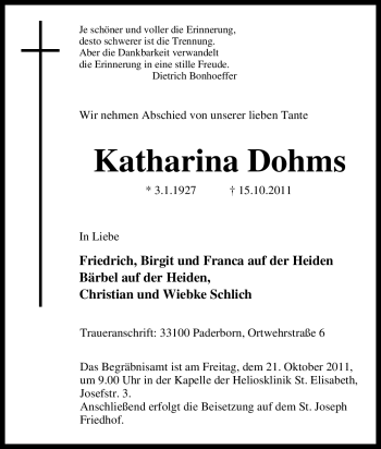 Traueranzeige von Katharina Dohms von Tageszeitung