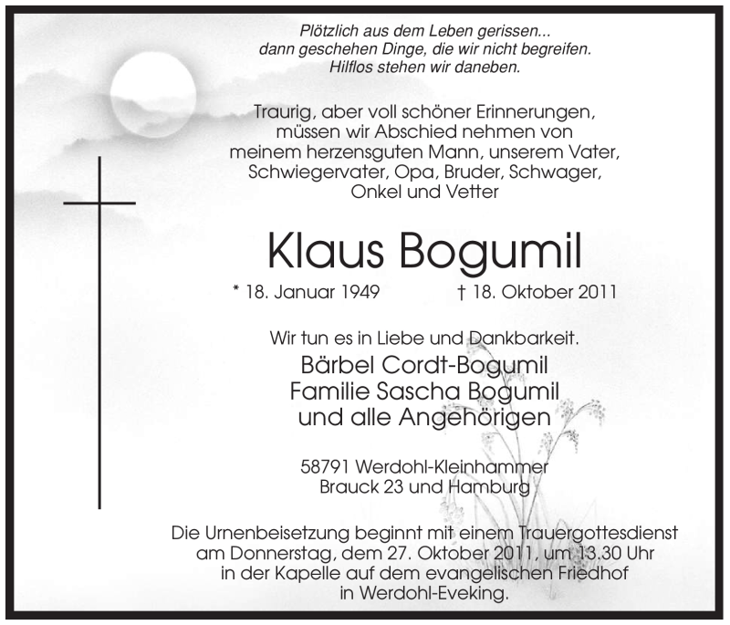 Traueranzeige für Klaus Bogumil vom 22.10.2011 aus Tageszeitung