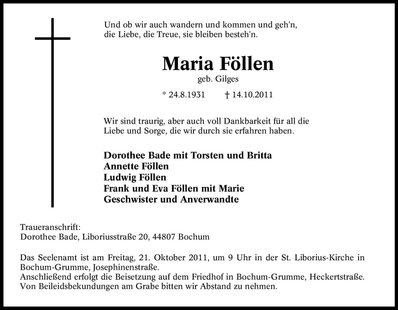  Traueranzeige für Maria Föllen vom 18.10.2011 aus Tageszeitung