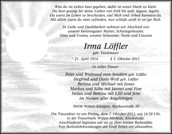 Traueranzeige von Irma Löffler von Tageszeitung