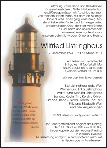 Traueranzeige von Wilfried Listringhaus von Tageszeitung