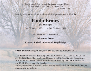 Traueranzeige von Paula Ermes von Tageszeitung